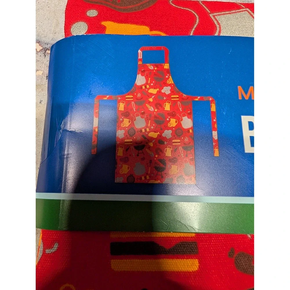 Mens Barbecue Apron Red Cotton Grilling BBQ Print Adjustable Neck Strap New